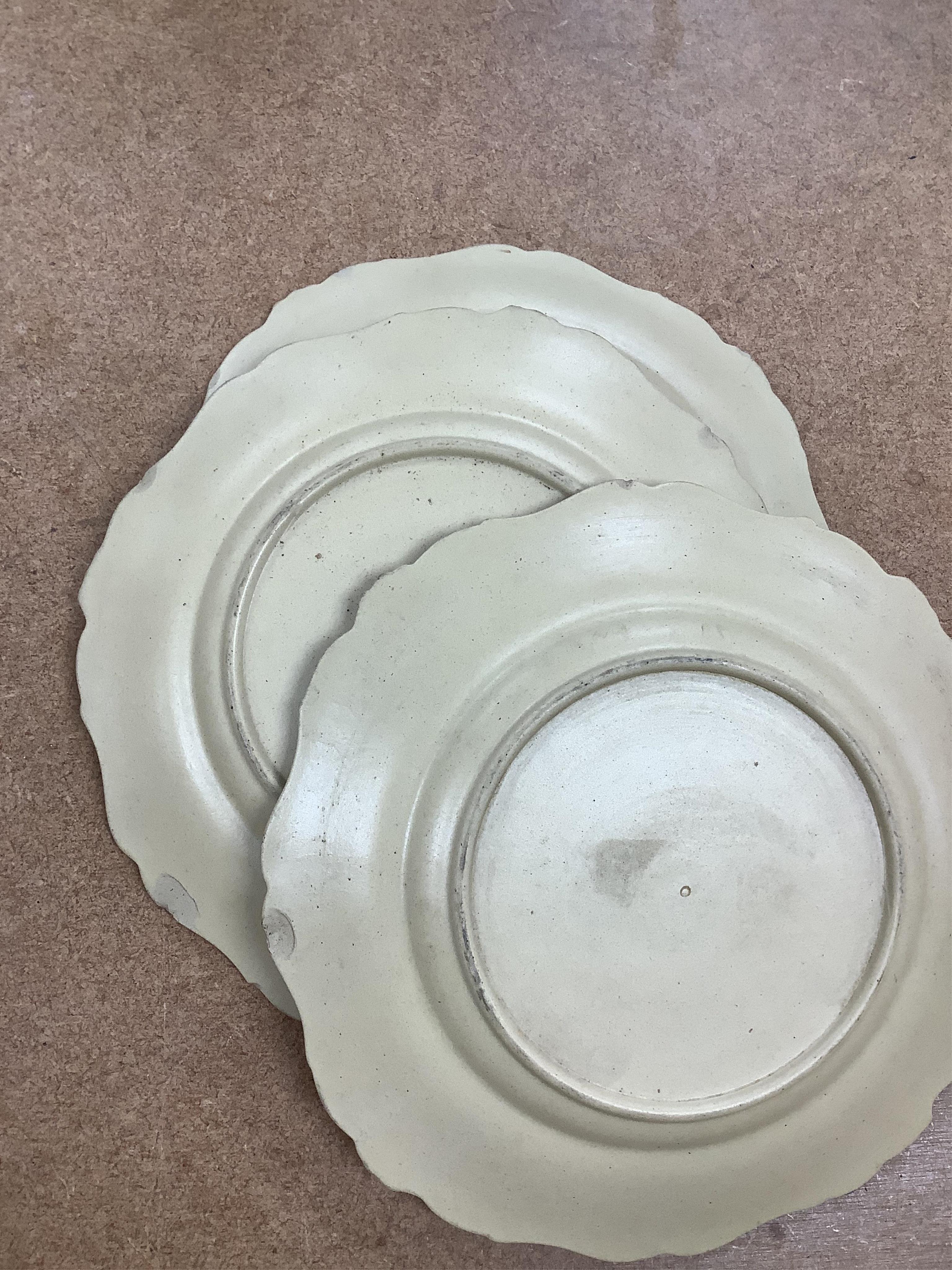 A Victorian drabware part dessert set, comprising eleven plates and three two handled dishes, dishes 25cm wide